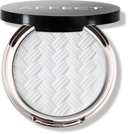 En rund makeuppackning med svirilocket som är märkt 'AFFECT' och vitt strukturerat puder inuti.