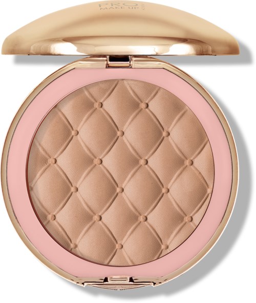 En liten dosa med quiltad beige puder inuti, rosa och guldfärgad utsida, och ett gångjärnslock.