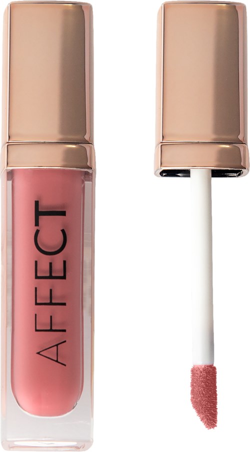 A lipstick with a rose gold cap and clear tube, showing pink color inside and a wand with pink product.