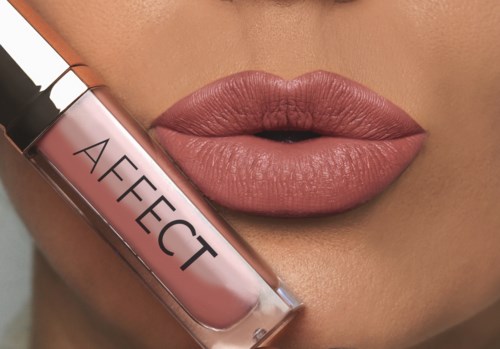 Close-up of lips with a nude lipstick, and a transparent lipstick tube labeled 'AFFECT' held near them.