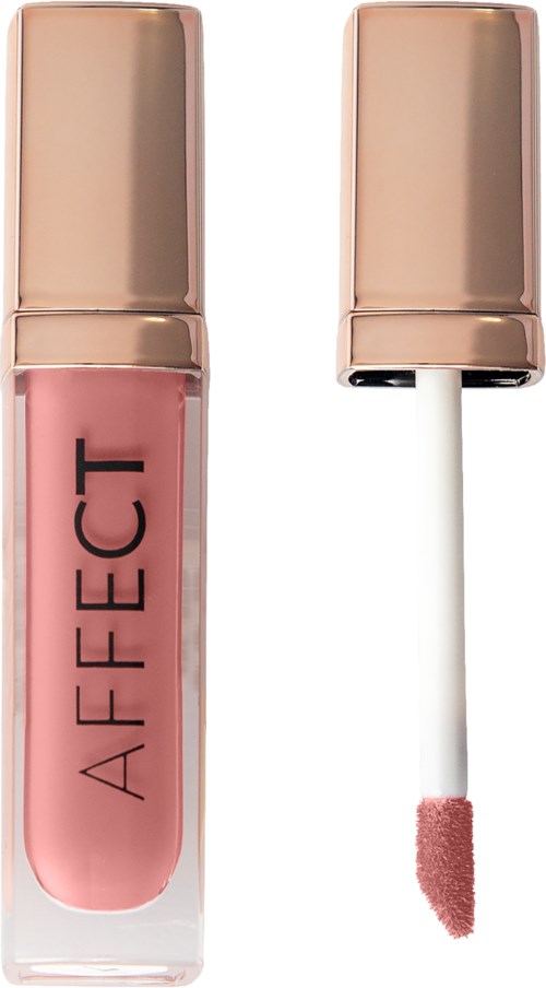 A bottle of pink liquid lipstick with a golden cap and an applicator showing the color.