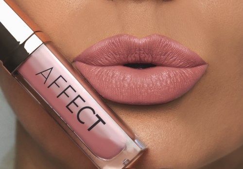 Close-up of lips with pink lipstick and a lip gloss tube labeled "Affect" near face.
