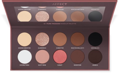 Makeup-palett med tio olika nyanser i ett rosa fodral, inklusive bruna, rosa, svart och vitt.
