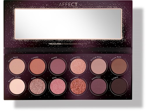 An eyeshadow palette with ten shades in round pans, labeled with fancy names, and a large empty mirror space.