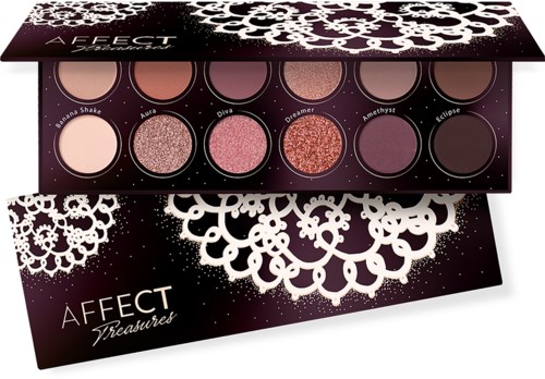 A makeup palette with nine circular eyeshadows in pink, purple, and glitter shades, titled "Affect Treasured."