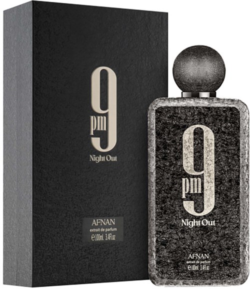 En parfobeholder og æske mærket "9 PM Night Out" af AFNAN, sort og grå design, elegant og stilfuld.
