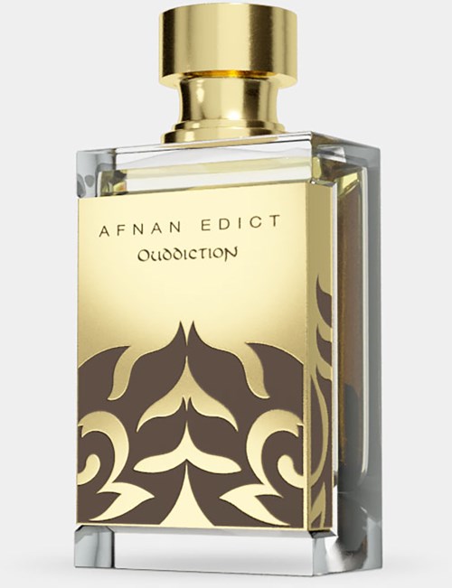 A perfume bottle with a gold top and a design featuring black patterns on a light background.