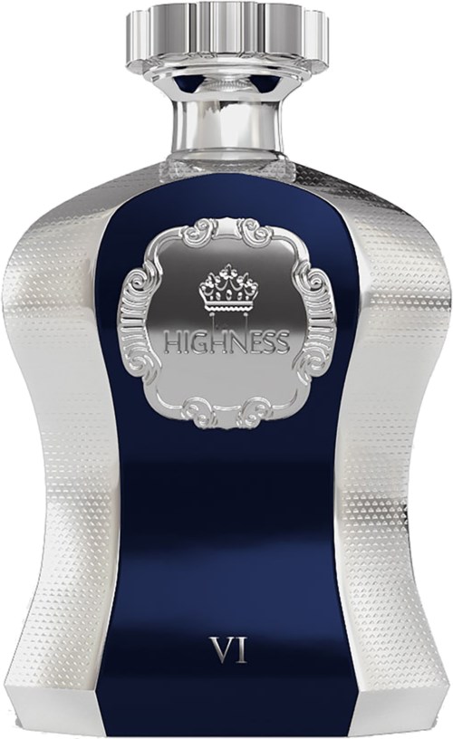A decorative perfume bottle with silver and navy blue design, a crown emblem, and the word 'HIGHNESS' on it.