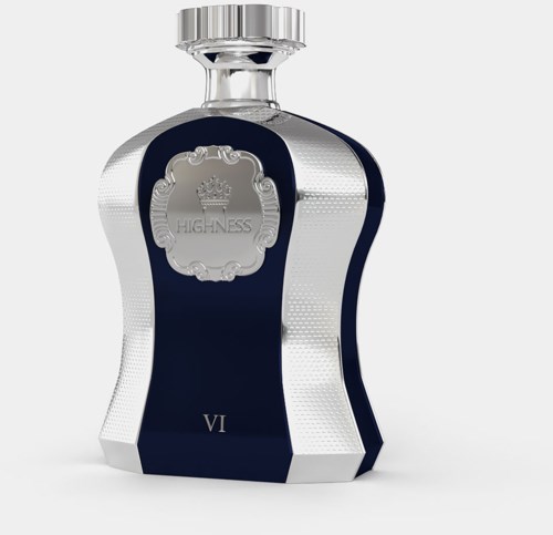 A silver and dark blue perfume bottle with a decorative label and a round metallic top.