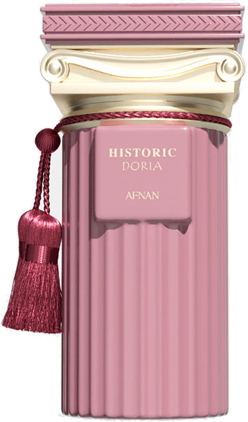 Päällystakkiintyylinen pinkki hajuvesipullo, jossa nauha ja koristeellinen yläosa, merkintä 'HISTORIC DORIA AFNA.'
