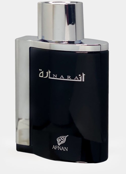 En svart och silver flaska med arabiskt text och logotyp, troligen en parfymflaska.