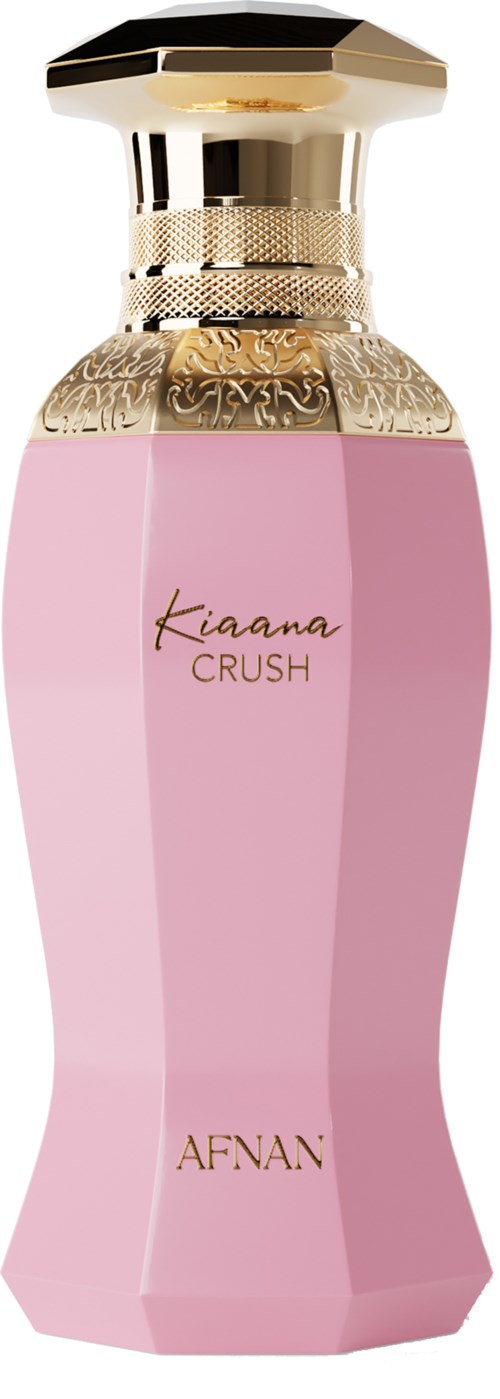 Pinkki tuoksupullo, jossa kultainen kansi ja koristeltu nauha, merkitty 'Kiaana Crush' ja 'AFNAN'.