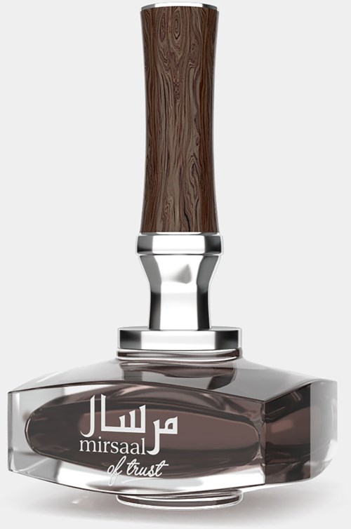 A nail polish bottle with a wooden cap and transparent base showing dark nail polish. The text "Mirsaal of trust" is on the bottle.
