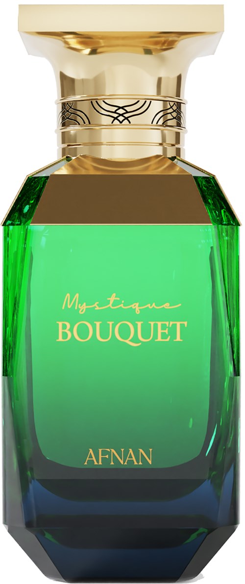 Vihreä hajuvesipullo, jossa on kultaisia ja mustia yksityiskohtia, nimeltään "Mystique Bouquet" ja "AFNAN".