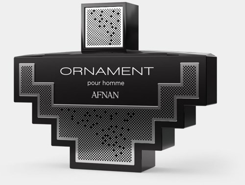 Schwarze Verpackungsbox mit pixelartigem Design und weißen Text, beschriftet "ORNAMENT pour homme AFNAN."