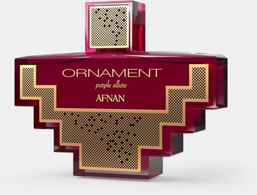 Värikäs parfyymipullo, joka on muodoltaan pikselöity nuoli ja jossa lukee "ORNAMENT purple allure AFNAN."