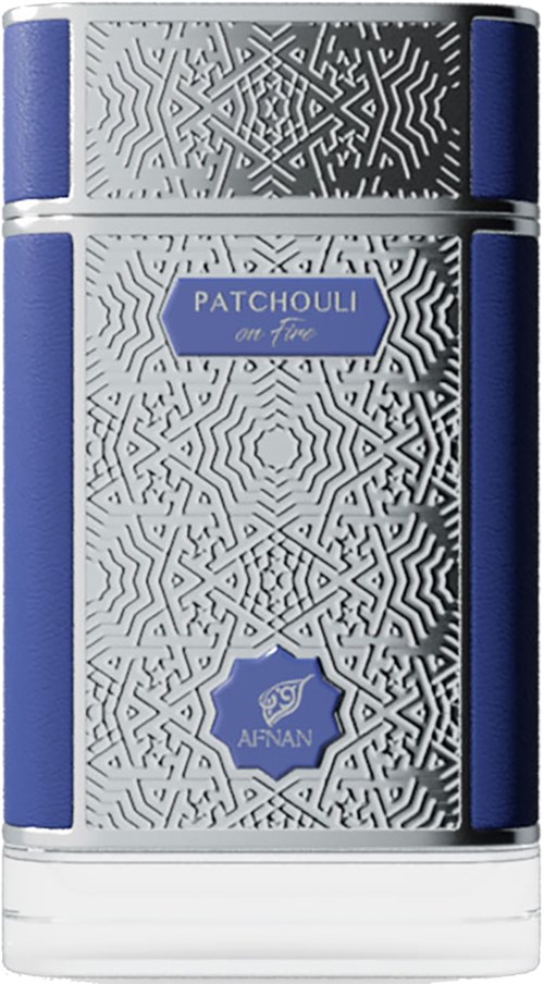 En sølvfarget og blå deodorantbeholder med intrikate labyrintlignende design og etikett som sier "Patchouli on Fire."