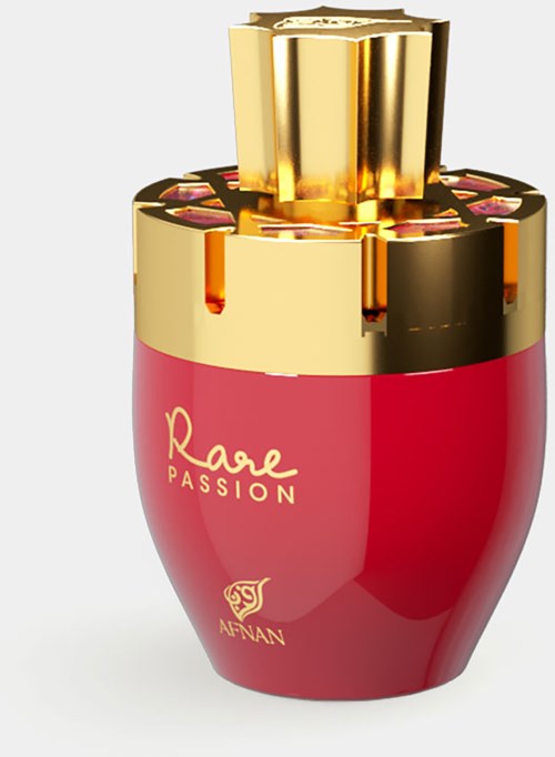 En röd och guldparfymflaska med orden "Rare Passion" och en liten logotyp längst ner.