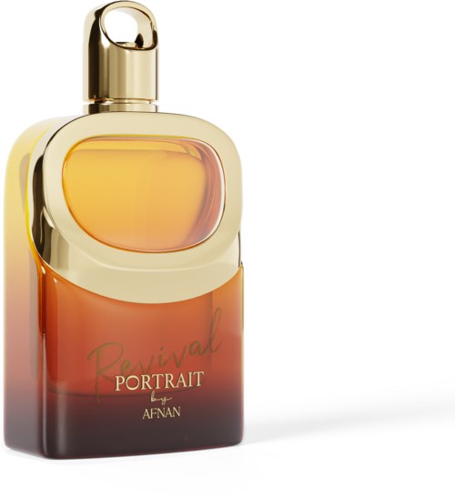 Butelka perfum z złotą nakrętką i pomarańczowo-żółtą cieczą, oznaczona 'Revival PORTRAIT by AFNAN'.
