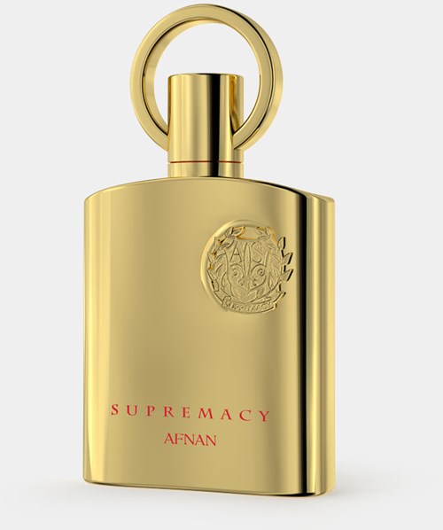 A gold-colored perfume bottle with a ring top and red text saying 'SUPREMACY AFNAN' on the front.