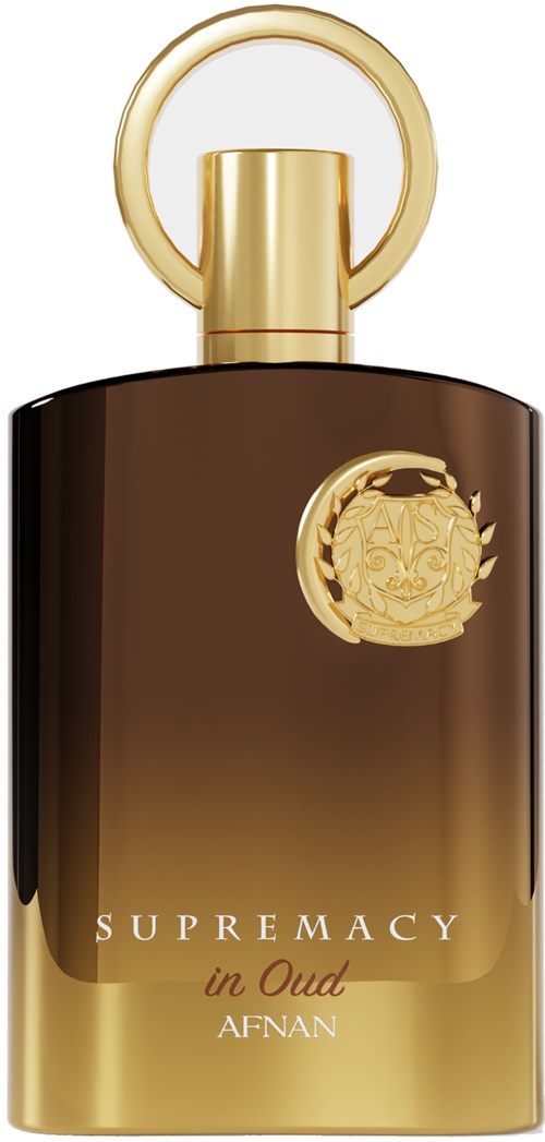 En parfymeflaske med svart og gull design, en rund gullhette, og en merke med segl. Etiketten sier "Supremacy in Oud."