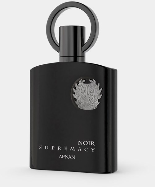 En svart parfymeflaske med en rund ring øverst, med et våpenskjoldlogo og ordene 'NOIR SUPREMACY AFNAN'.