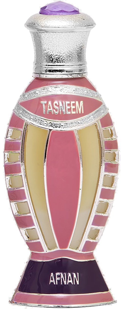A colorful, decorative bottle with pink, yellow, and purple elements, labeled 'TASNEEM' and 'AFNAN'.