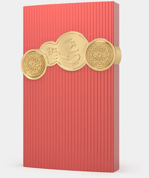 Ett rosa, strukturert box med ett gyllene myntliknande föremål som omsluter mitten, med invecklade design och japanska tecken.