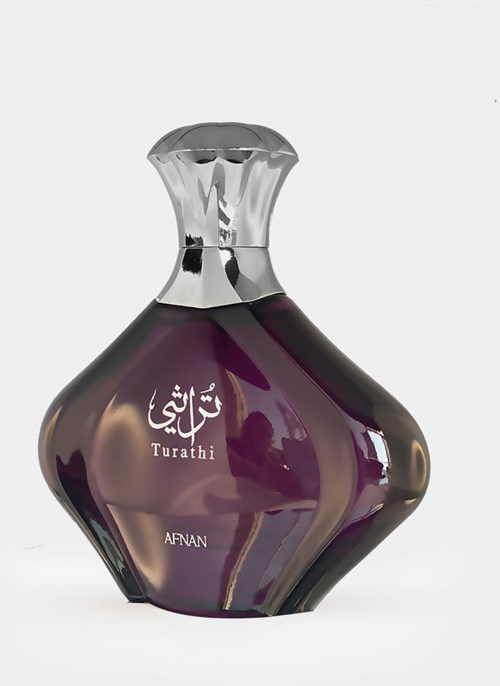 Ciemnofioletowa butelka perfum z srebrnym korkiem i arabskim tekstem, oznaczona 'Turathi AFNAN'.