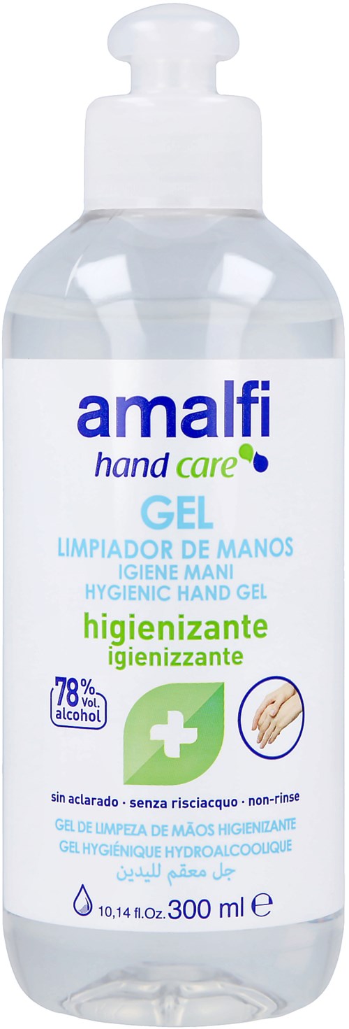 En klar handdesinfektionsgelflaska med vit lock och blå, gröna och lila etiketter. Den säger 'Amalfi hand care gel' och 'hygienizer'.