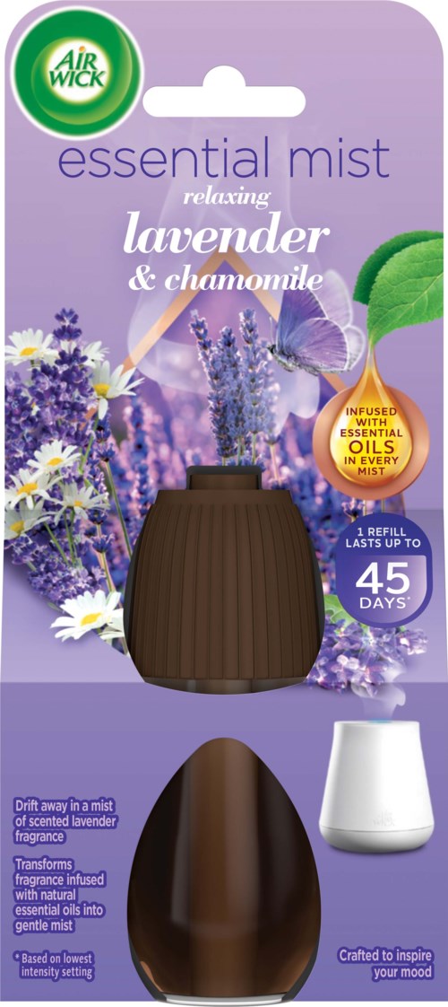 Lavendel- och kamomill-essensmist i en brun diffustork, med lavendelblommor och en vit diffuser.