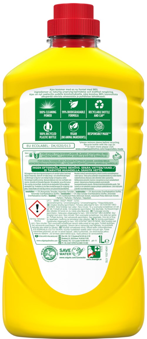Gul flaske med rød kork, etiketter med instruksjoner, symboler og tekst. Inneholder rengjørings- eller kjemisk produkt.