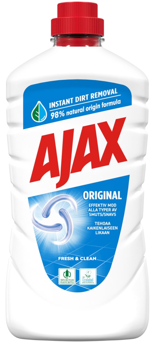 En vit flaska med rött lock, märkning Ajax rengöringsmedel med blå och röda text, avsedd för rengöring och smutsborttagning.