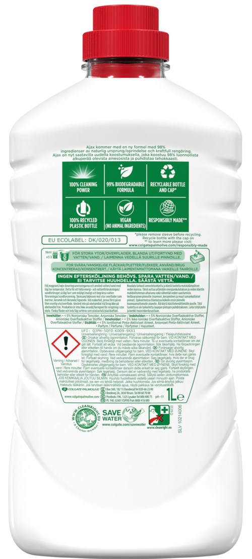 En tydlig rengöringsflaska med röd kork, gröna etiketter och säkerhetssymboler. Den är 1 liter stor.