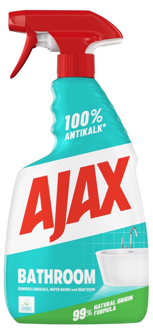 En rengöringssprayflaska märkt 'AJAX Bathroom' med röd munstycke, blå och vit design, och nämner '100% Antibacterial.'