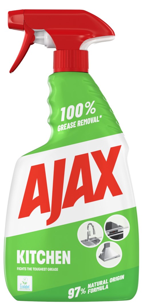 En grön och vit sprayflaska märkt 'AJAX Kitchen' som lovar 100% fettborttagning och naturlig formel.