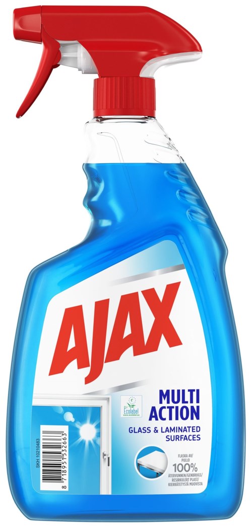 En sprayflaske mærket AJAX Multi Action med blå væske og rød sprayhoved.