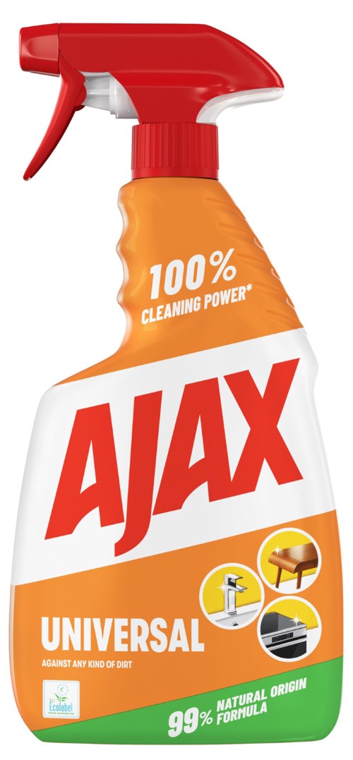 En rengöringssprayflaska med röd injektor, märkt AJAX Universal, påstår sig ha 100% rengöringskraft och naturliga ingredienser.