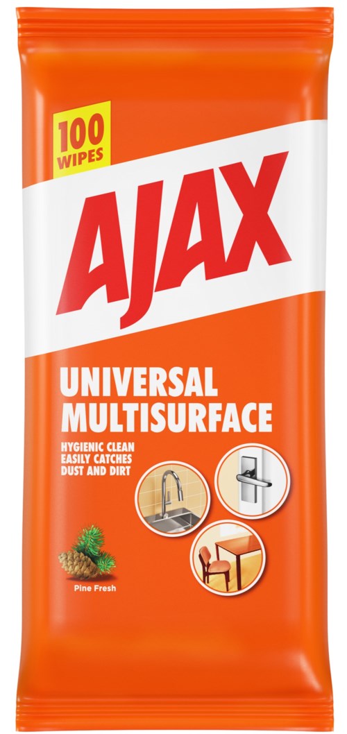 Ett paket med Ajax multisurface rengöringsdukar, påstår att de rengör damm och smuts, med citrussmak, 100 dukar ingår.