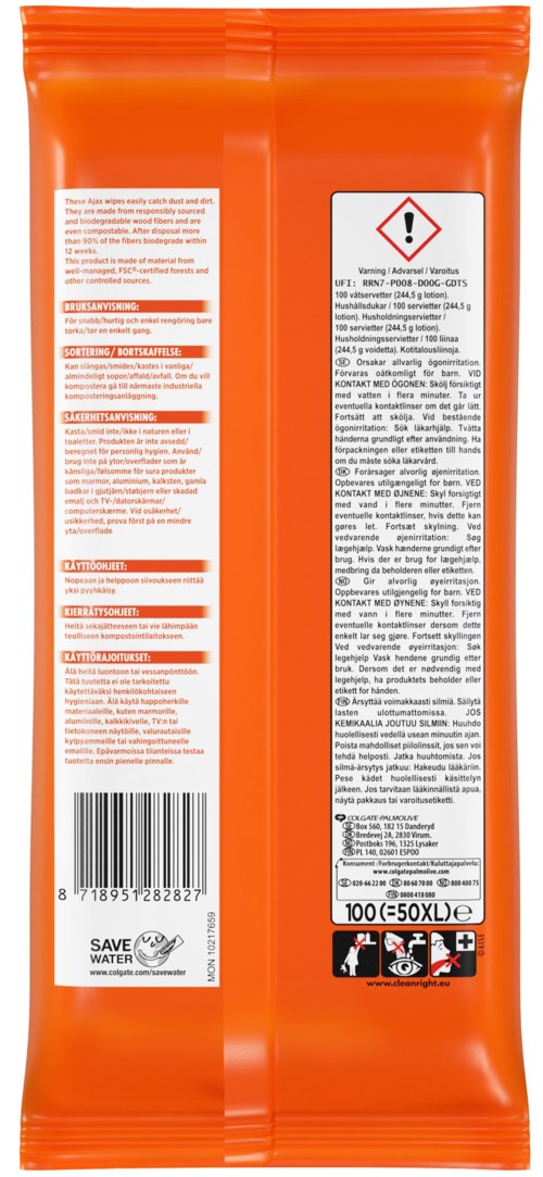 Baksidan av orange påse med varningssymbol, text, streckkod och återvinningssymboler.