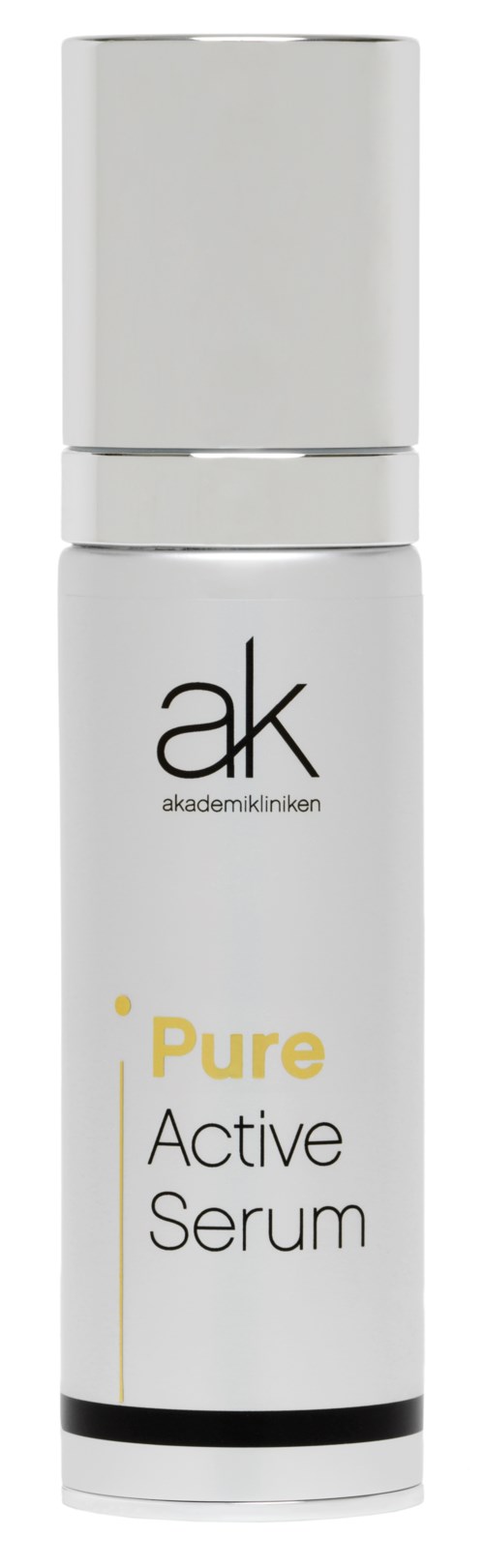 Hvid flaske med sort og gult tekst, mærket 'Pure Active Serum' fra akademikliniken.