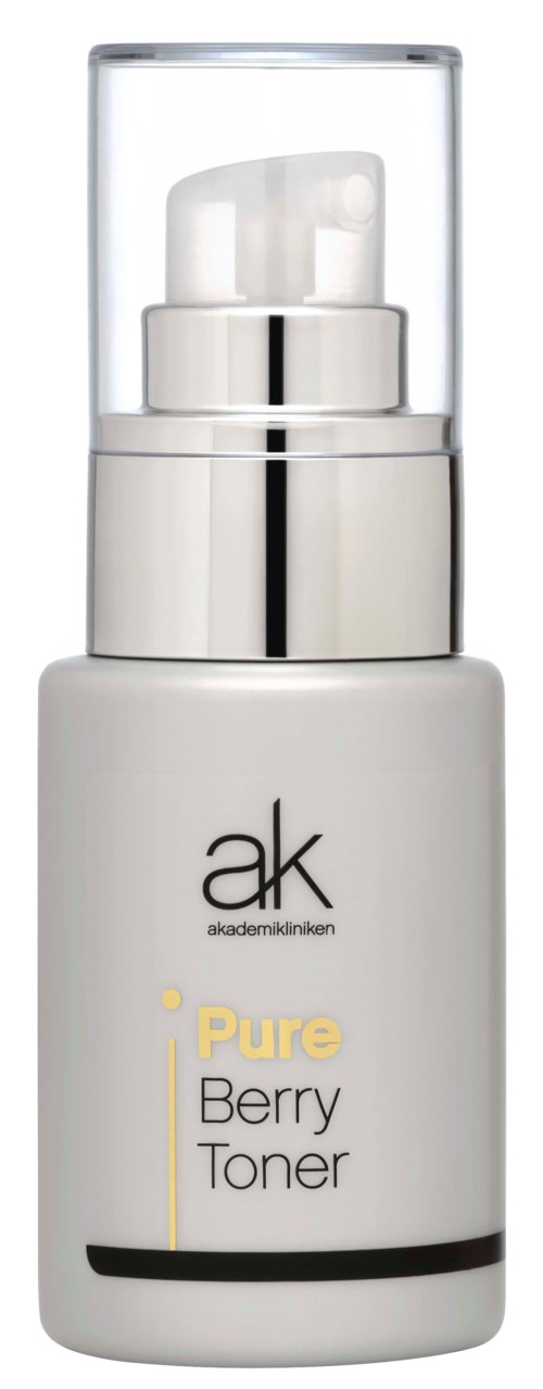 En hvit flaske merket 'ak Pure Berry Toner' med gjennomsiktig hette og pumpe.