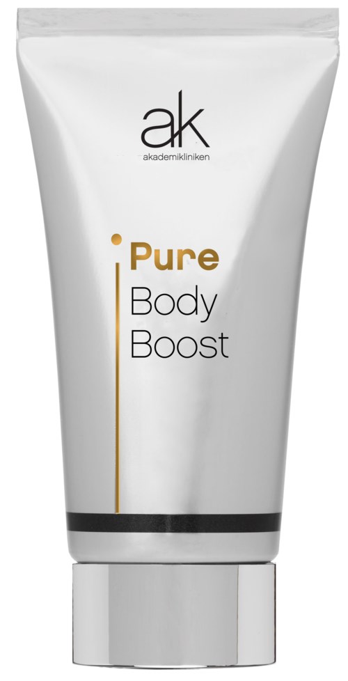 En hvit tube merket 'Pure Body Boost' fra akademikliniken, med enkel svart og gull tekstdesign.