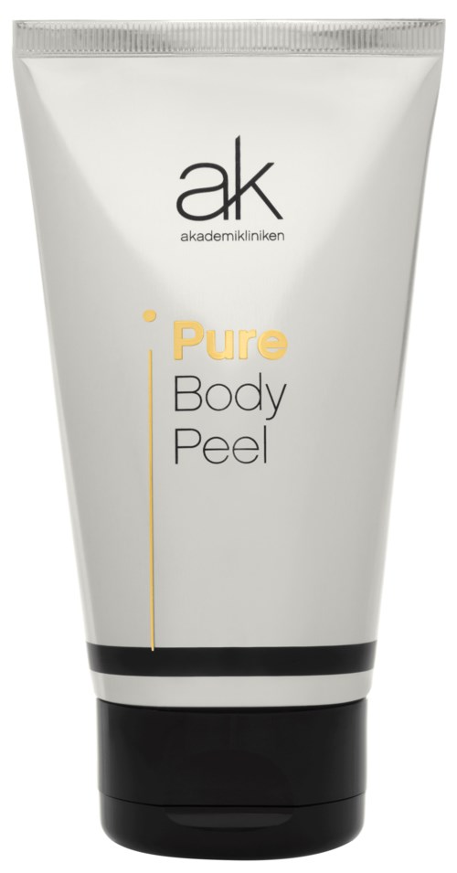En hvit tube merket 'Pure Body Peel' fra ak akademikliniken, med svart og gult tekst- og design.elementer.