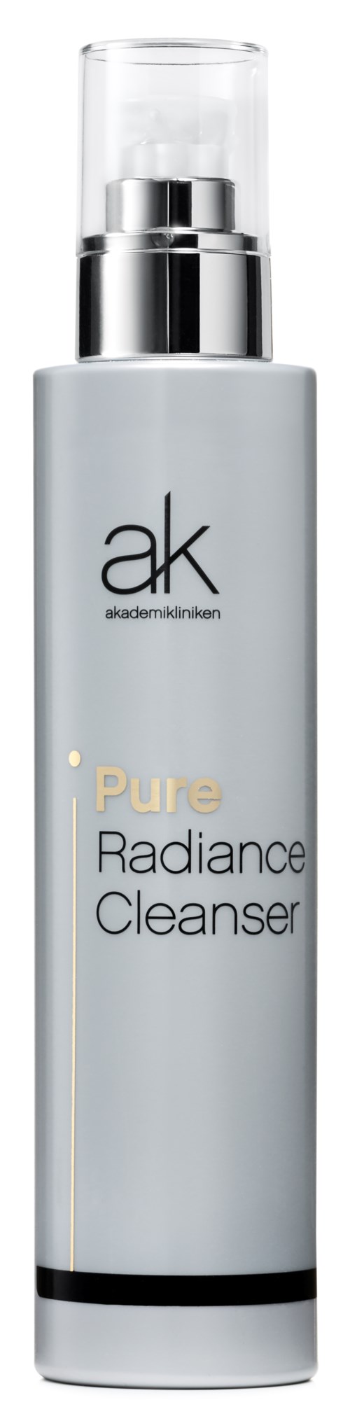 En lång, vit flaska med en silverpump, märkt 'AK Pure Radiance Cleanser' mot en svart bakgrund.