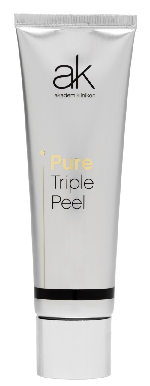En hvit tube merket 'Pure Triple Peel' fra ak (akademiklinikken).