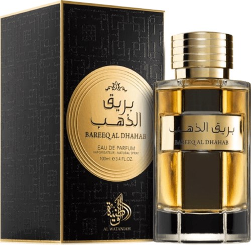 Een parfumfles met een zwarte doos, gouden details en Arabisch schrift, genaamd Bareeq Al Dhabah.