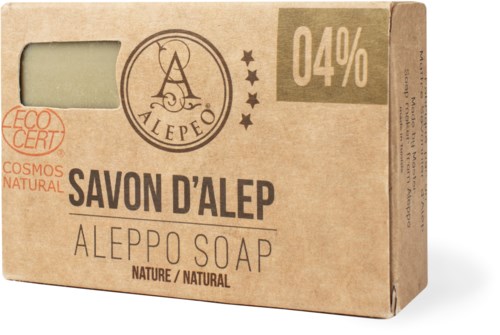 En kartong av Alepposep, naturlig, med 4% innehåll, ekocertifierad, visar märkesloggan och produktinfo.