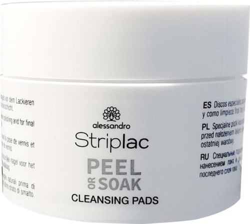 Weiße Dose mit schwarzem Text, beschriftet 'Striplac Peel or Soak Cleansing Pads'.