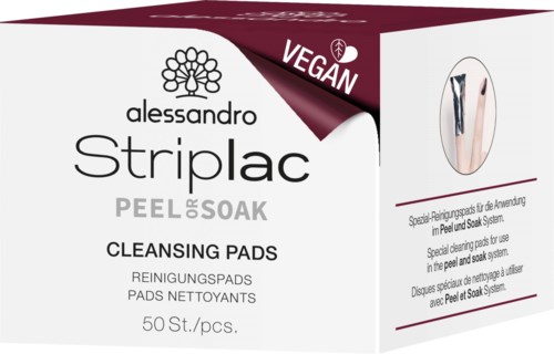 Schachtel mit 50 veganen ReinigungsPads für Peel and Soak System, mit einfachem Design und Produktnamen.